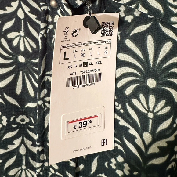 NWT Zara Green Printed Button Down Dress Braided Self Belt Elastic Sleeves LARGE - Picture 9 of 15